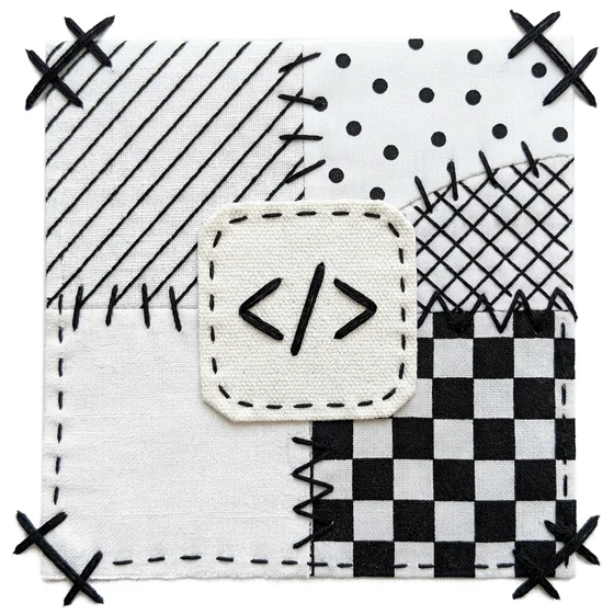 Logo di Digital Tailor: un patchwork cucito a mano con il simbolo del codice al centro