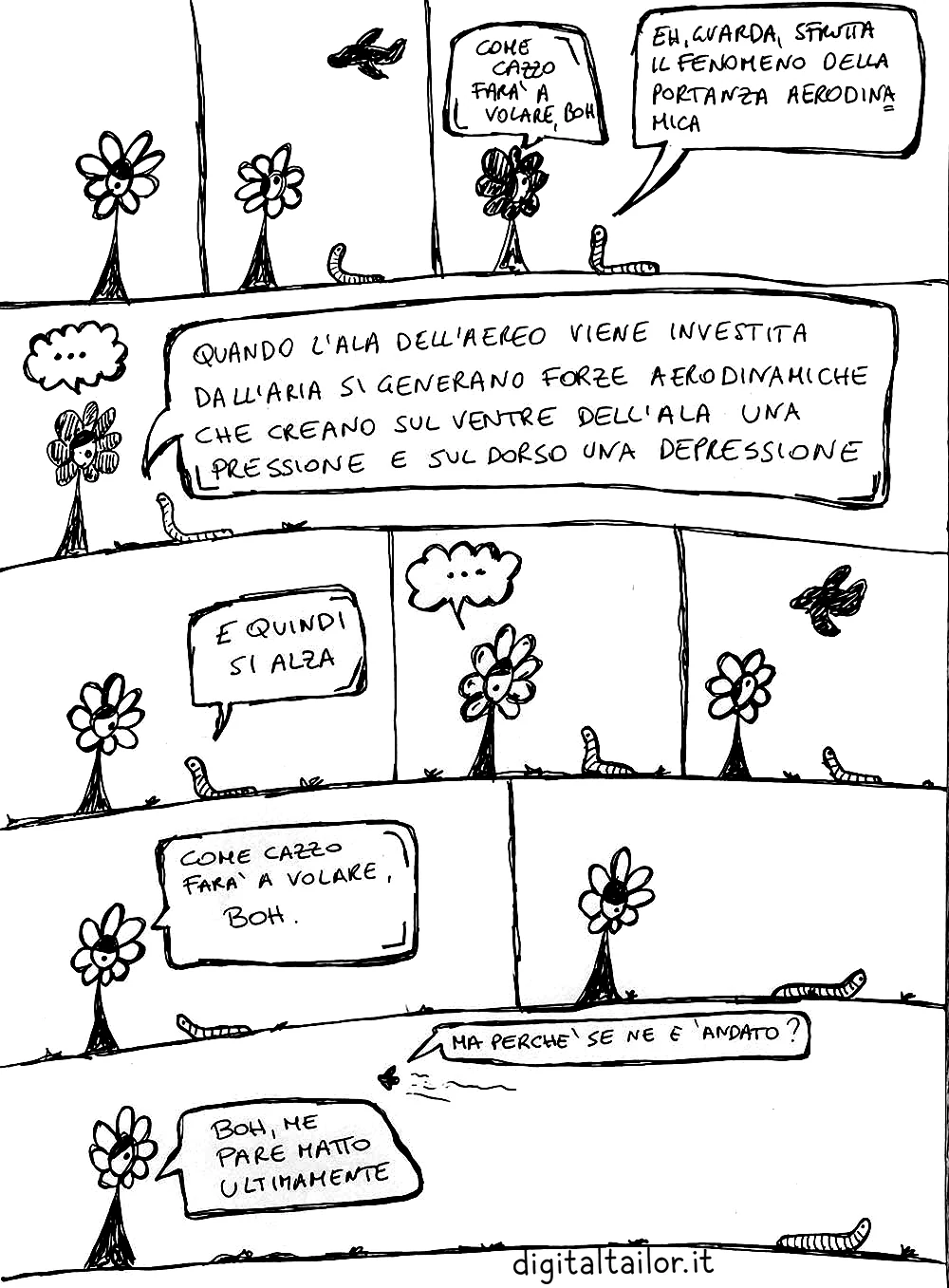 Fiore stronzo, Come fanno gli aerei a volare?. Passa un aereo. Il fiore: «Come cazzo farà a volare, boh.» Il verme: «Eh, guarda, sfrutta il fenomeno della portanza aerodinamica. Quando l'ala dell'aereo viene investita dall'aria si generano forze aerodinamiche che creano sul ventre dell'ala una pressione e sul dorso una depressione. E quindi si alza.» Il fiore: «…» «Come cazzo farà a volare, boh.» Il verme se ne va. Una voce: «Ma perché se n'è andato?» Il fiore: «Boh, me pare matto ultimamente.»